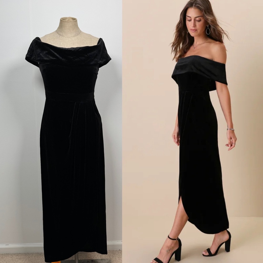 Lulus S Black Velvet Off Shoulder Maxi Dress Gown Scallop Hem Elegant Goth Gala